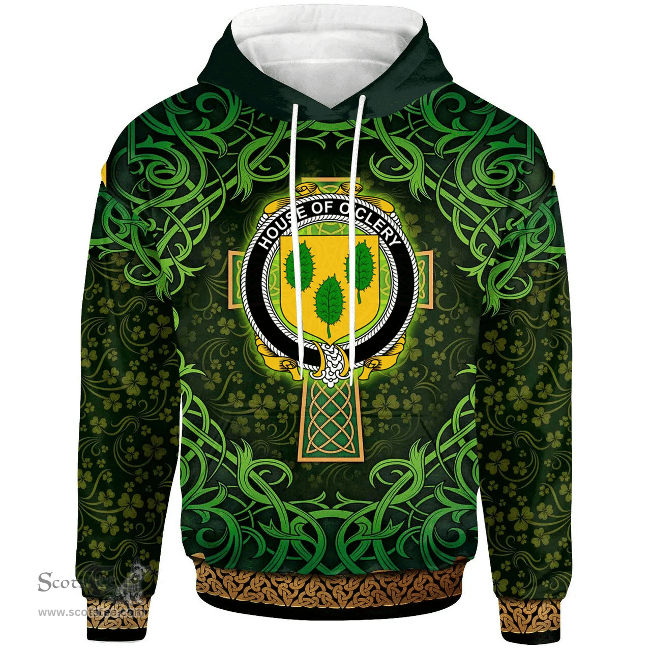 ScotsTee Shop Irish House of O'CLERY Coat of Arms Family Crest Ireland Hoodie Celtic Cross Shamrock Patterns