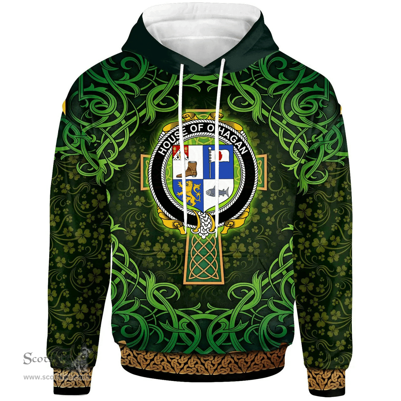 ScotsTee Shop Irish House of O'HAGAN Coat of Arms Family Crest Ireland Hoodie Celtic Cross Shamrock Patterns