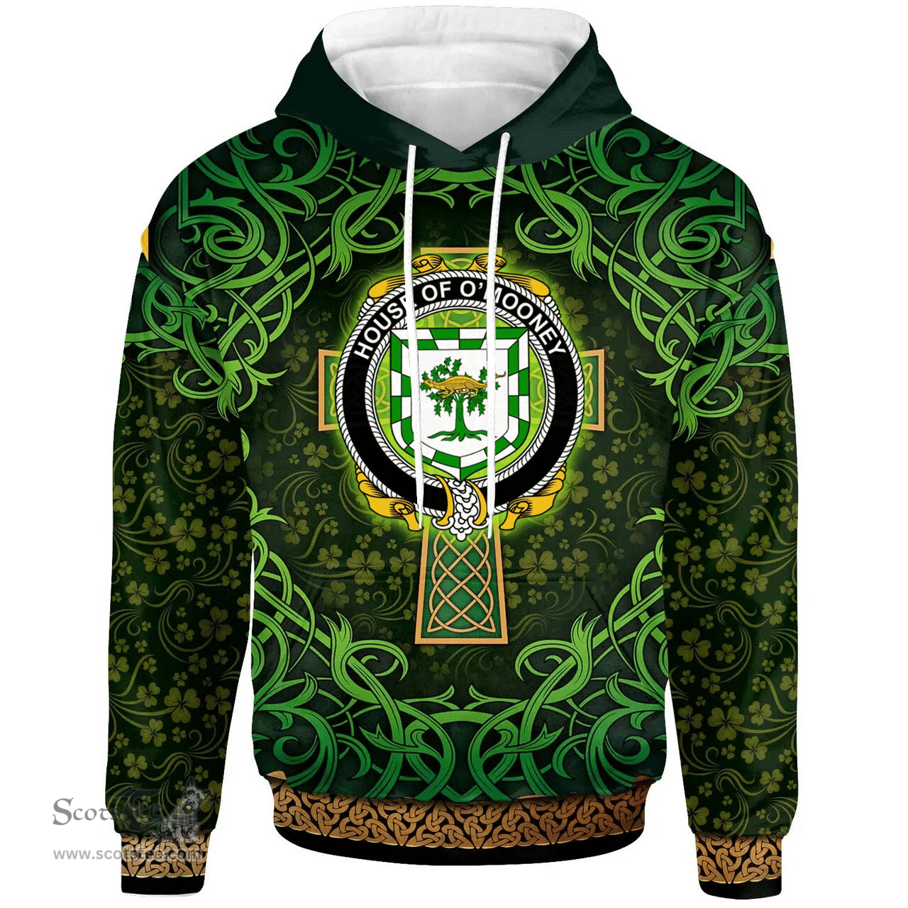 ScotsTee Shop Irish House of O'MOONEY Coat of Arms Family Crest Ireland Hoodie Celtic Cross Shamrock Patterns