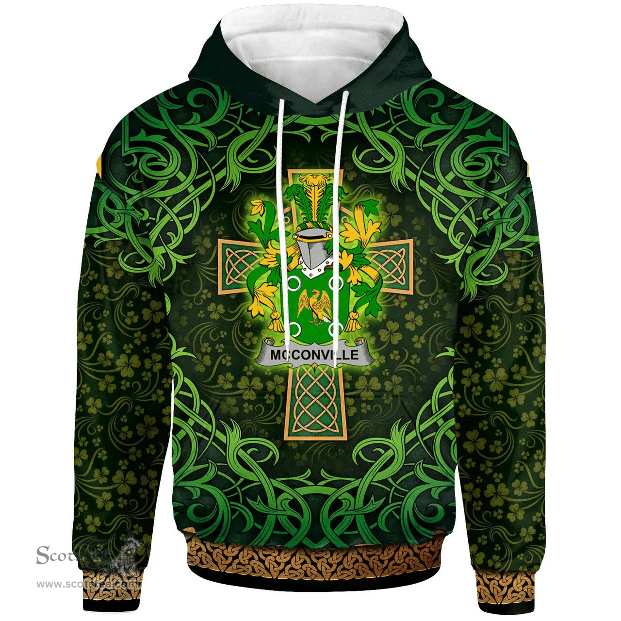 ScotsTee Shop Irish McConville Coat of Arms Family Crest Ireland Hoodie Celtic Cross Shamrock Patterns