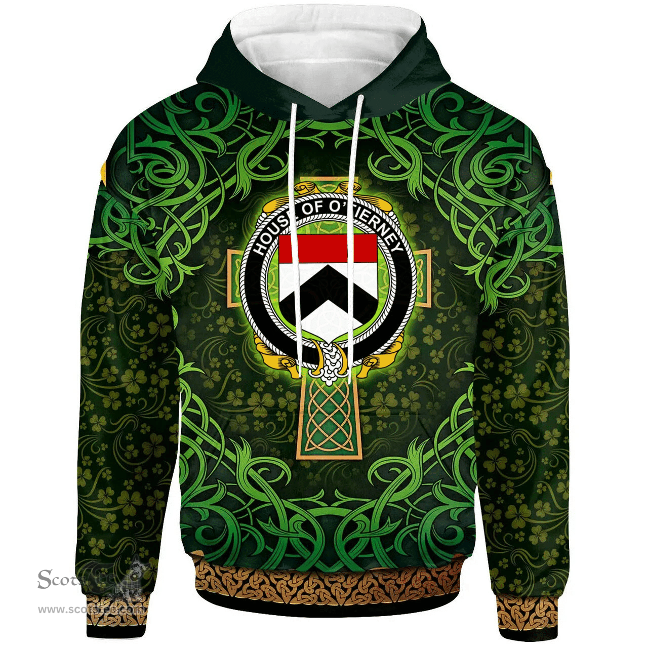 ScotsTee Shop Irish House of O'TIERNEY Coat of Arms Family Crest Ireland Hoodie Celtic Cross Shamrock Patterns