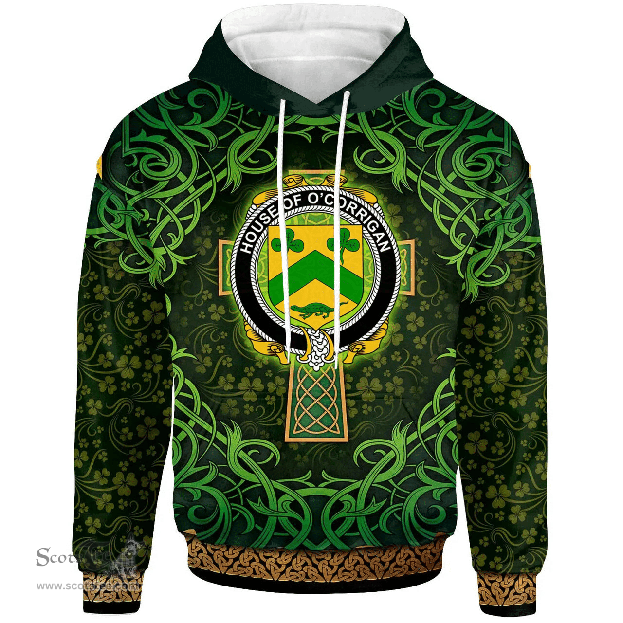 ScotsTee Shop Irish House of O'CORRIGAN Coat of Arms Family Crest Ireland Hoodie Celtic Cross Shamrock Patterns