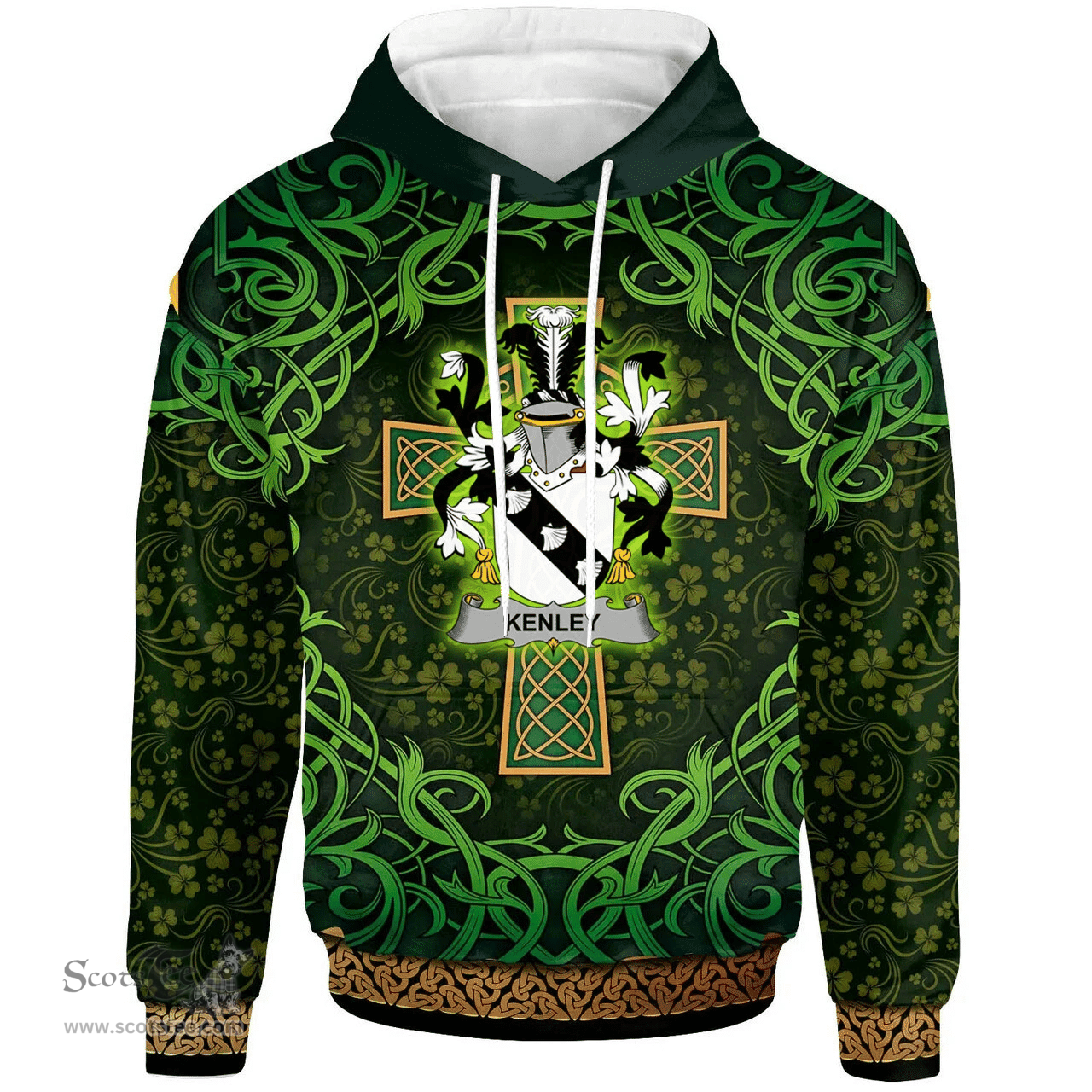 ScotsTee Shop Irish Kenley Coat of Arms Family Crest Ireland Hoodie Celtic Cross Shamrock Patterns