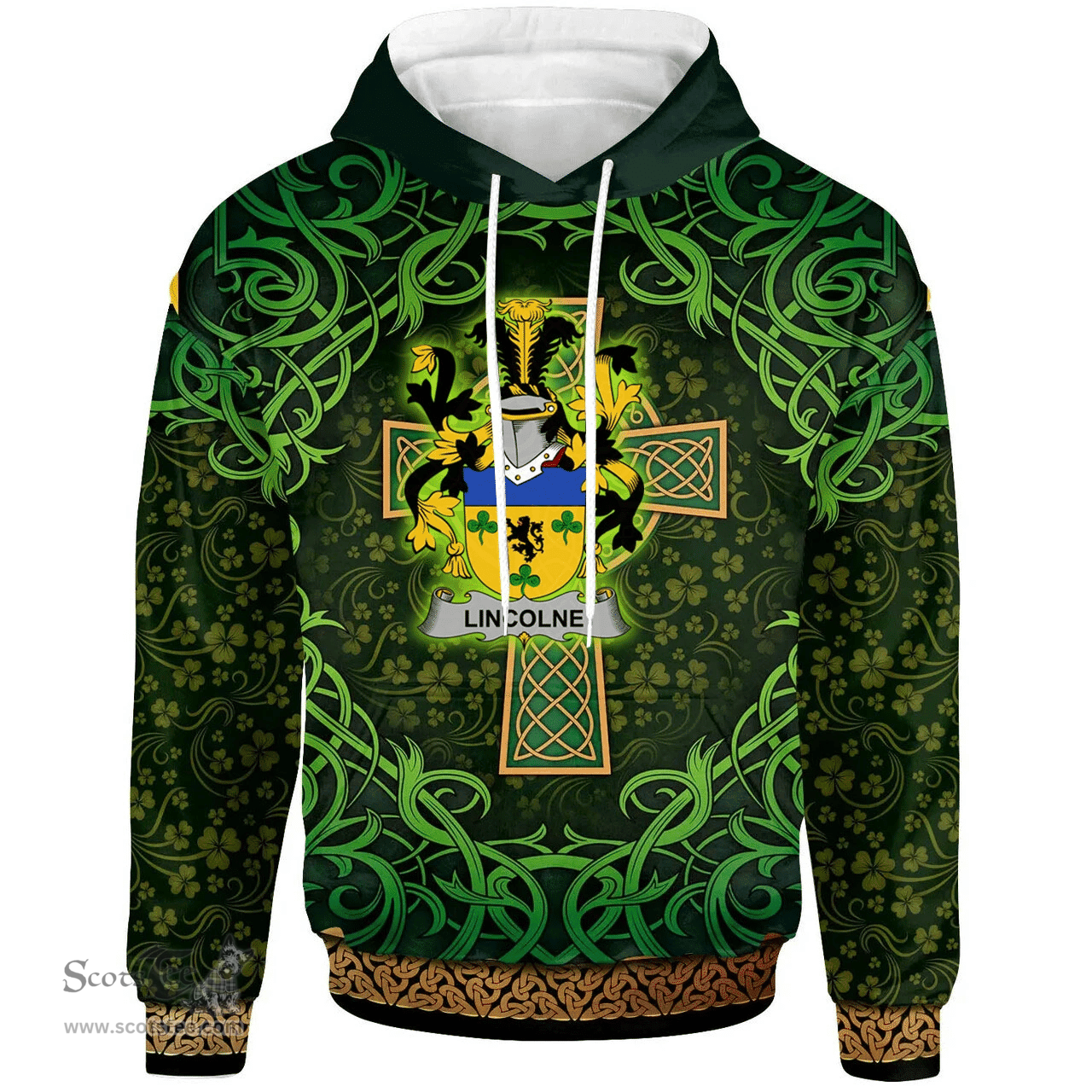 ScotsTee Shop Irish Lincolne Coat of Arms Family Crest Ireland Hoodie Celtic Cross Shamrock Patterns