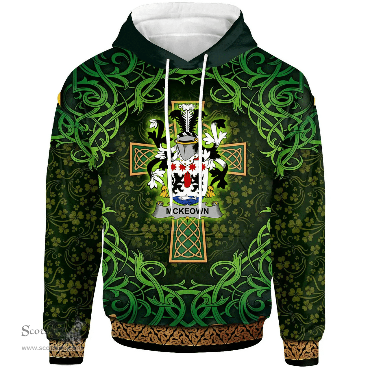 ScotsTee Shop Irish McKeown or Keon Coat of Arms Family Crest Ireland Hoodie Celtic Cross Shamrock Patterns