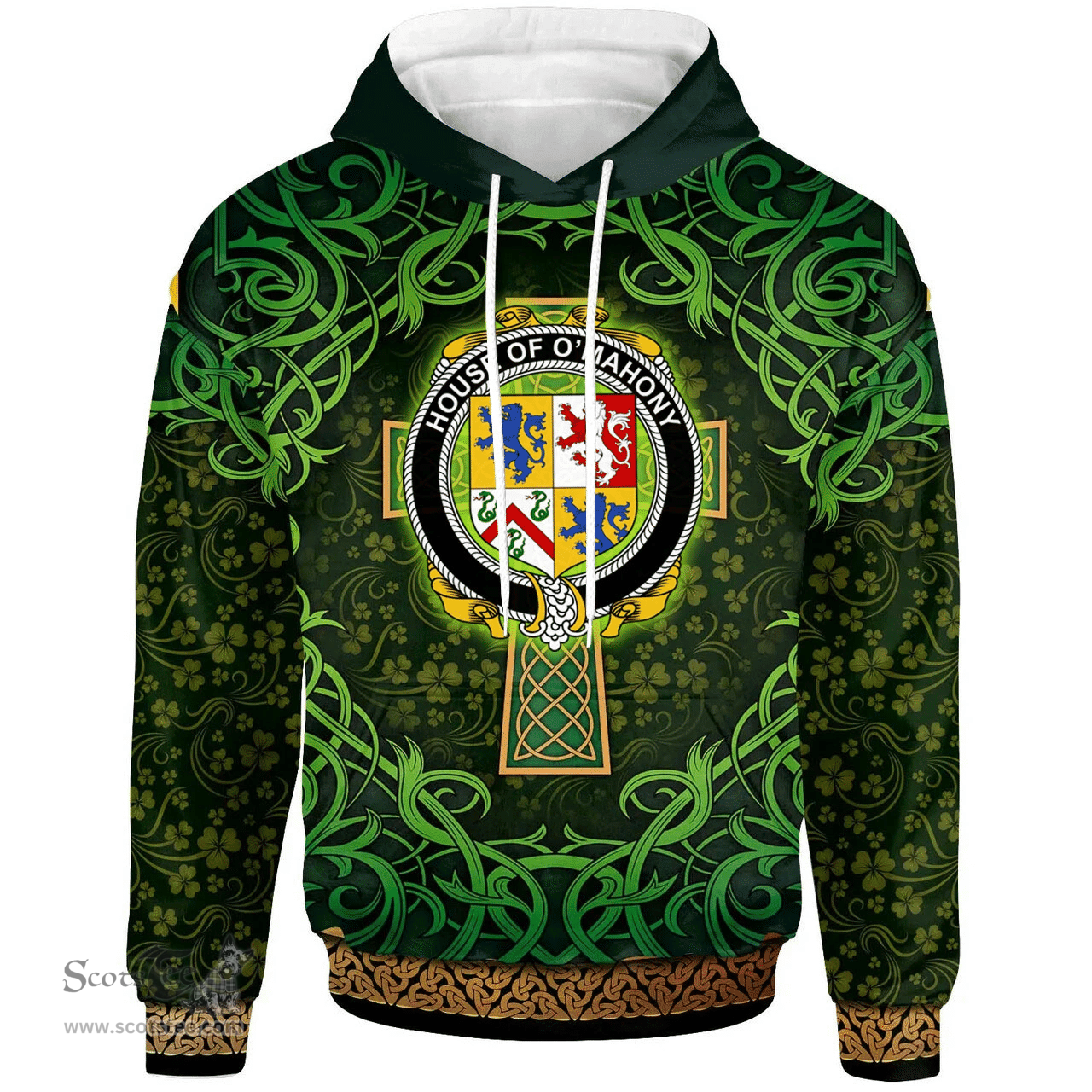 ScotsTee Shop Irish House of O'MAHONY Coat of Arms Family Crest Ireland Hoodie Celtic Cross Shamrock Patterns