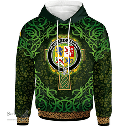 ScotsTee Shop Irish House of O'MAHONY Coat of Arms Family Crest Ireland Hoodie Celtic Cross Shamrock Patterns
