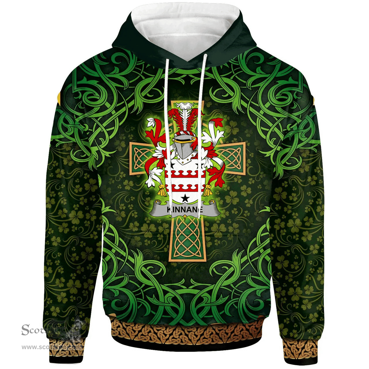 ScotsTee Shop Irish Kinnane or O'Kinane Coat of Arms Family Crest Ireland Hoodie Celtic Cross Shamrock Patterns