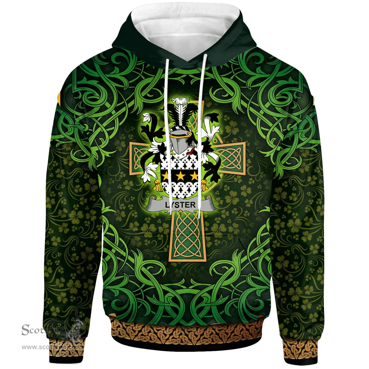 ScotsTee Shop Irish Lyster Coat of Arms Family Crest Ireland Hoodie Celtic Cross Shamrock Patterns