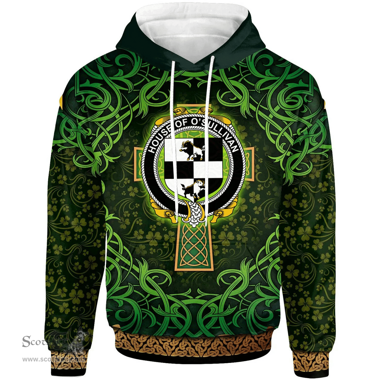 ScotsTee Shop Irish House of O'SULLIVAN (Beare) Coat of Arms Family Crest Ireland Hoodie Celtic Cross Shamrock Patterns