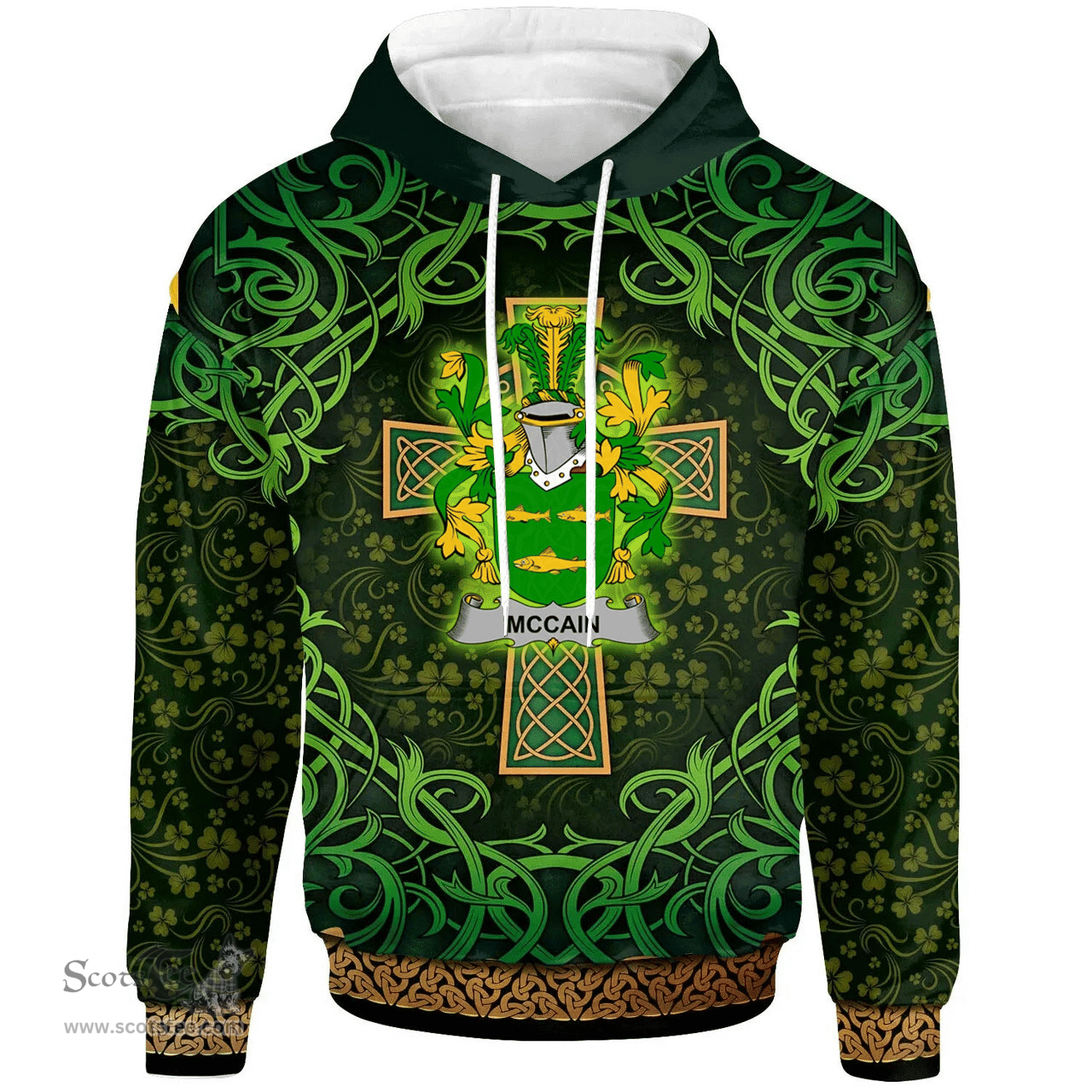 ScotsTee Shop Irish McCain or O'Kane Coat of Arms Family Crest Ireland Hoodie Celtic Cross Shamrock Patterns