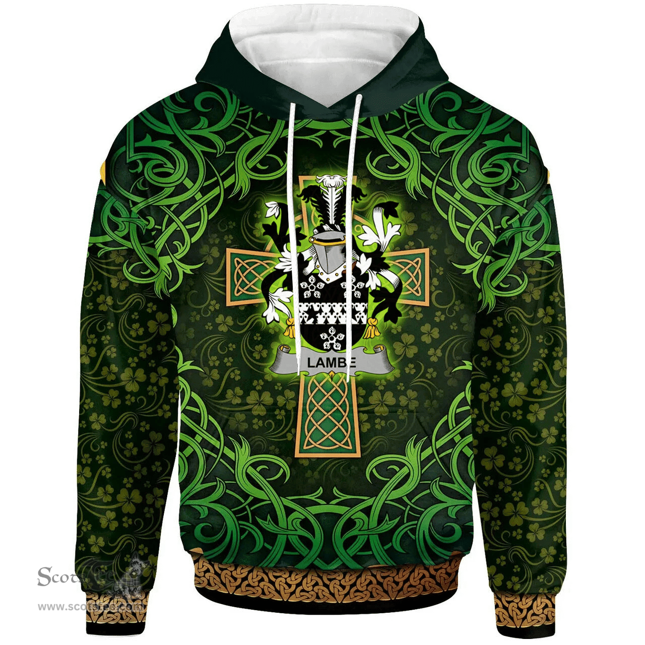 ScotsTee Shop Irish Lambe Coat of Arms Family Crest Ireland Hoodie Celtic Cross Shamrock Patterns