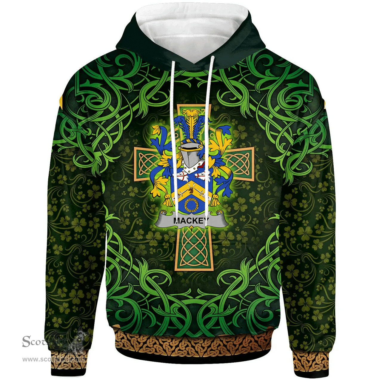 ScotsTee Shop Irish Mackey Coat of Arms Family Crest Ireland Hoodie Celtic Cross Shamrock Patterns