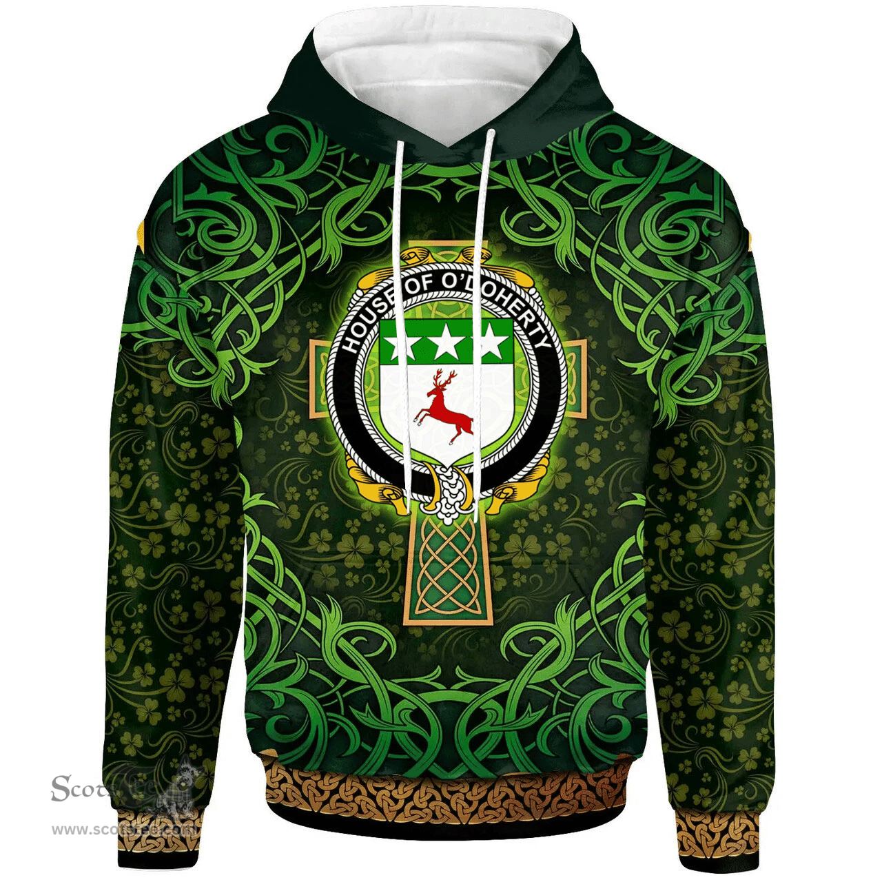 ScotsTee Shop Irish House of O'DOHERTY Coat of Arms Family Crest Ireland Hoodie Celtic Cross Shamrock Patterns