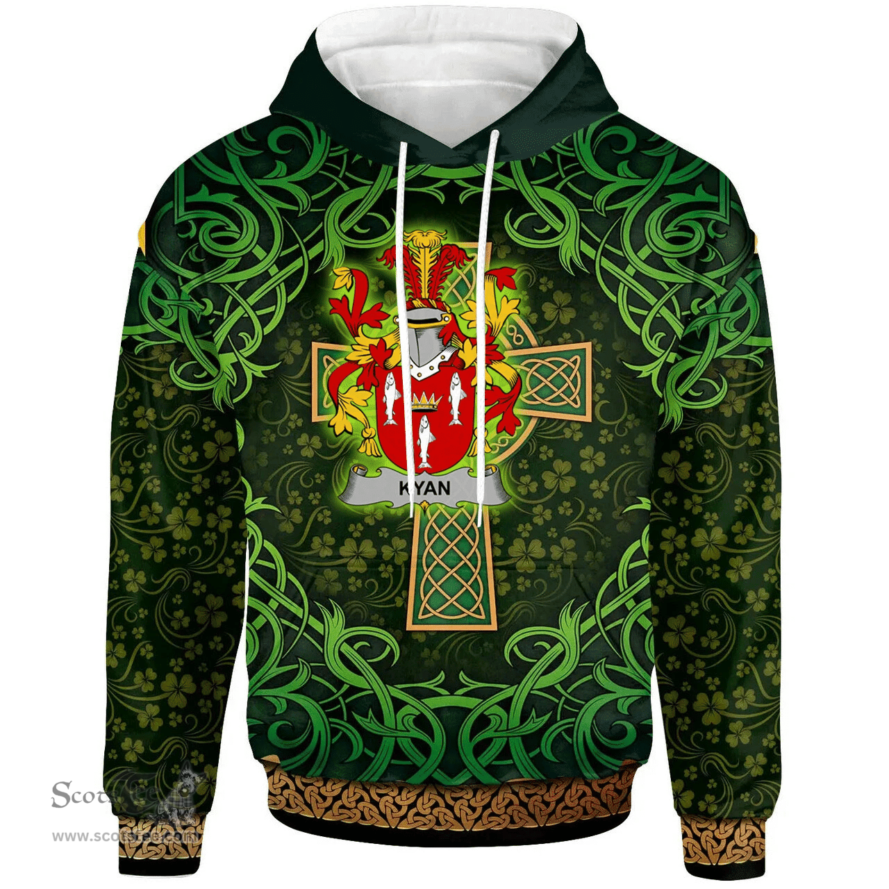 ScotsTee Shop Irish Kyan or O'Kyan Coat of Arms Family Crest Ireland Hoodie Celtic Cross Shamrock Patterns