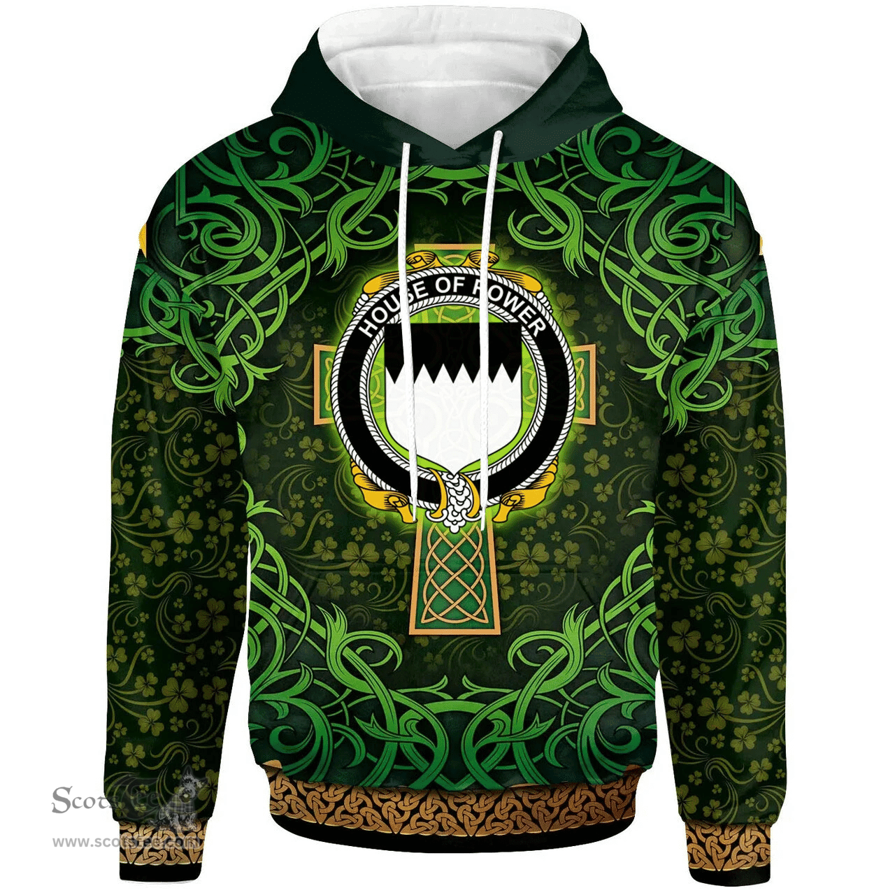 ScotsTee Shop Irish House of POWER Coat of Arms Family Crest Ireland Hoodie Celtic Cross Shamrock Patterns