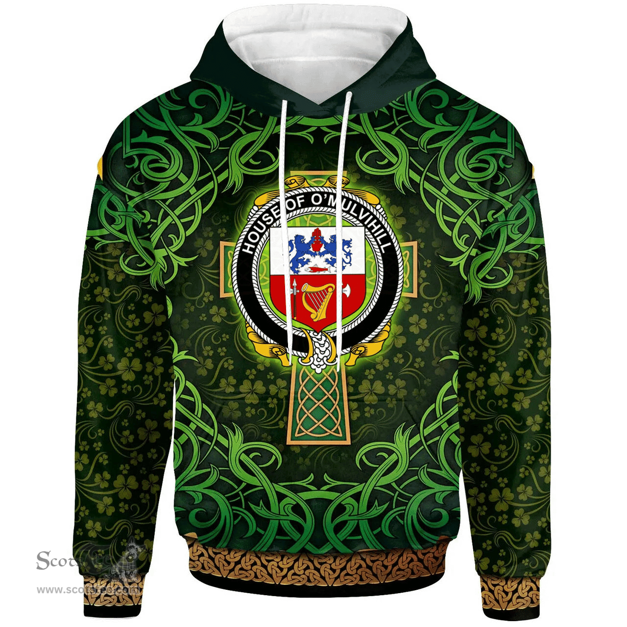 ScotsTee Shop Irish House of O'MULVIHILL Coat of Arms Family Crest Ireland Hoodie Celtic Cross Shamrock Patterns