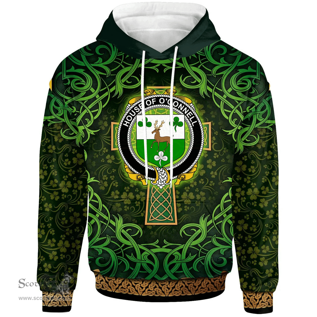 ScotsTee Shop Irish House of O'CONNELL Coat of Arms Family Crest Ireland Hoodie Celtic Cross Shamrock Patterns