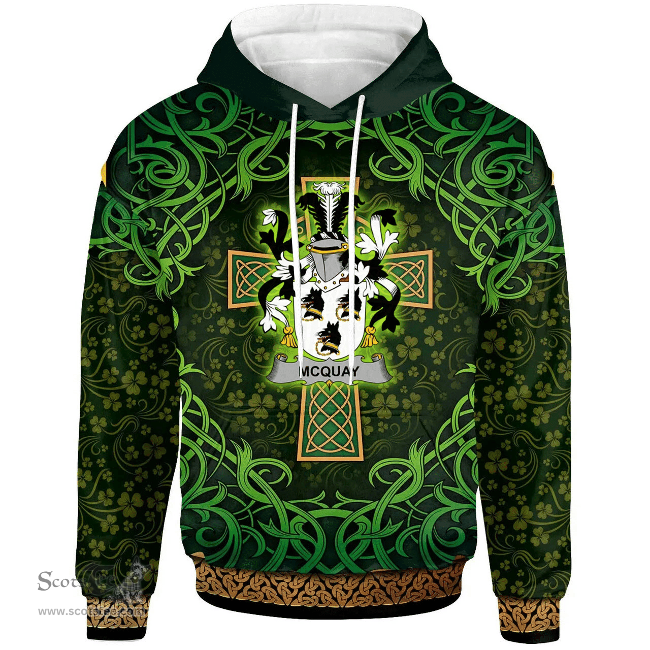 ScotsTee Shop Irish McQuay or MacQuay Coat of Arms Family Crest Ireland Hoodie Celtic Cross Shamrock Patterns