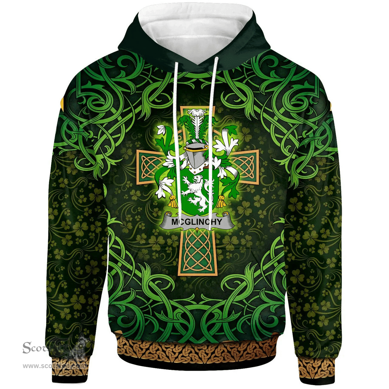 ScotsTee Shop Irish McGlinchy or McGlinchey Coat of Arms Family Crest Ireland Hoodie Celtic Cross Shamrock Patterns