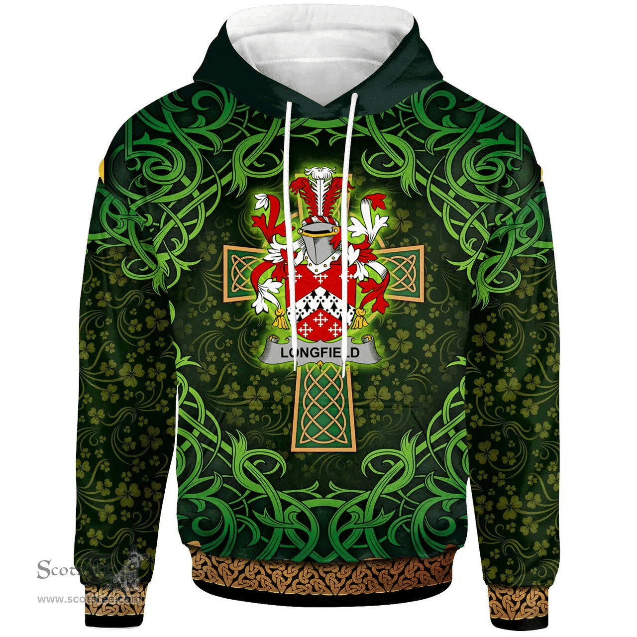 ScotsTee Shop Irish Longfield Coat of Arms Family Crest Ireland Hoodie Celtic Cross Shamrock Patterns