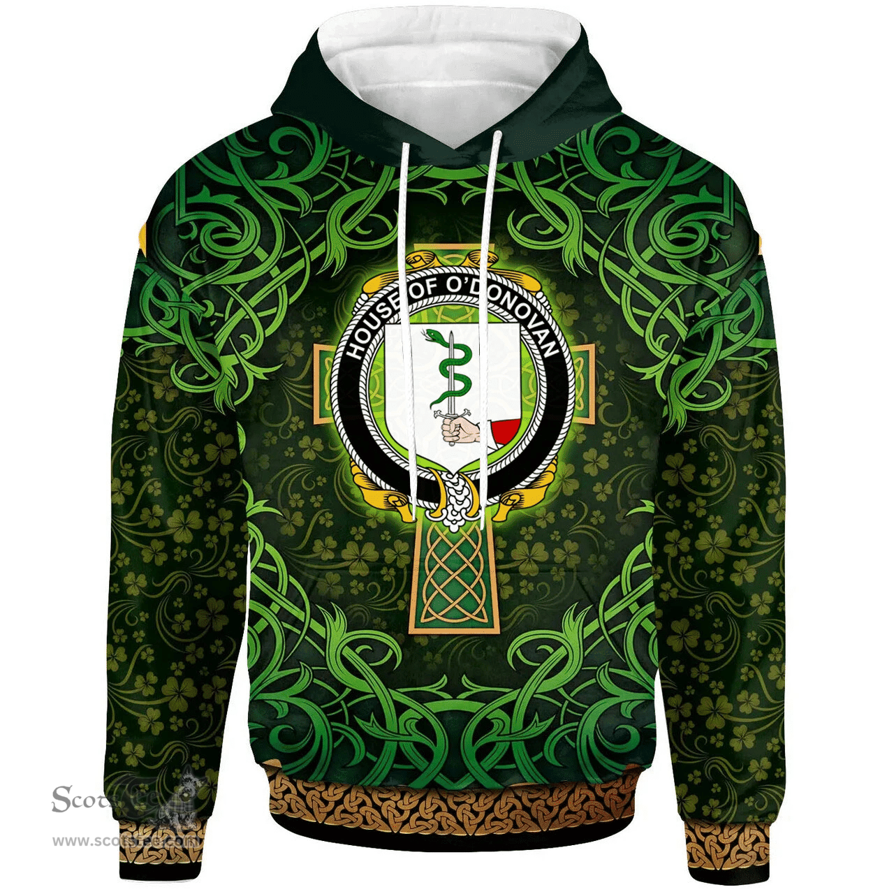 ScotsTee Shop Irish House of O'DONOVAN Coat of Arms Family Crest Ireland Hoodie Celtic Cross Shamrock Patterns
