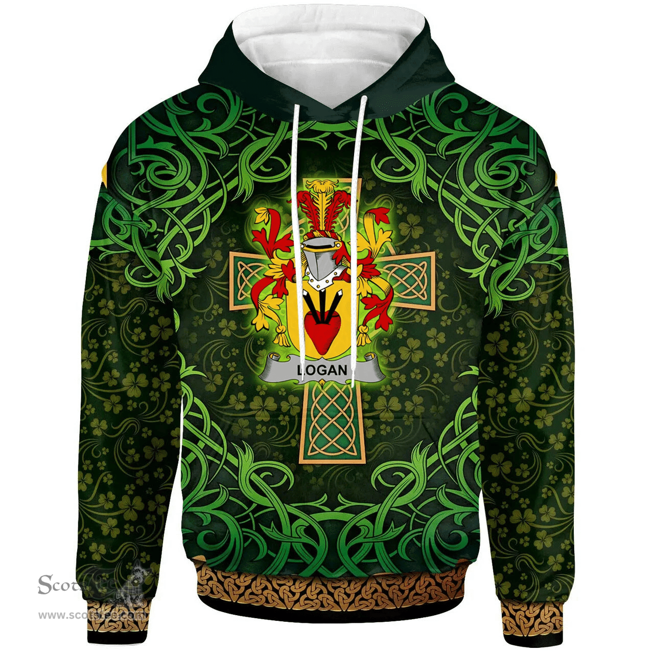 ScotsTee Shop Irish Logan Coat of Arms Family Crest Ireland Hoodie Celtic Cross Shamrock Patterns