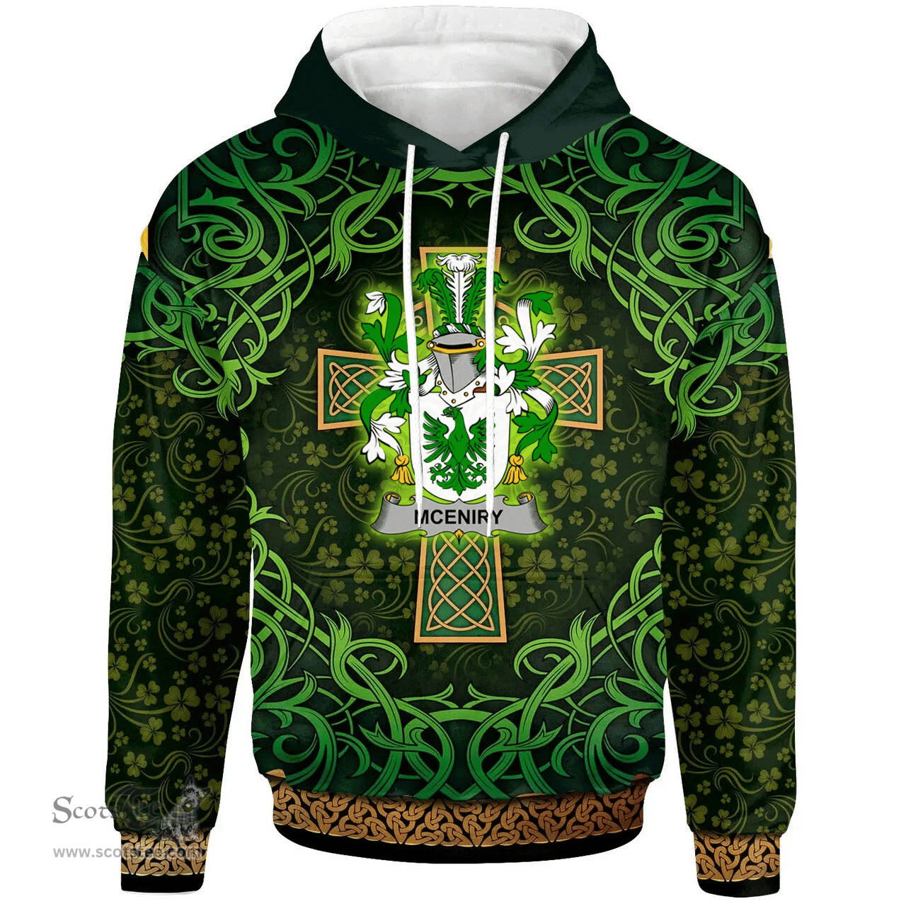 ScotsTee Shop Irish McEniry or McEnery Coat of Arms Family Crest Ireland Hoodie Celtic Cross Shamrock Patterns