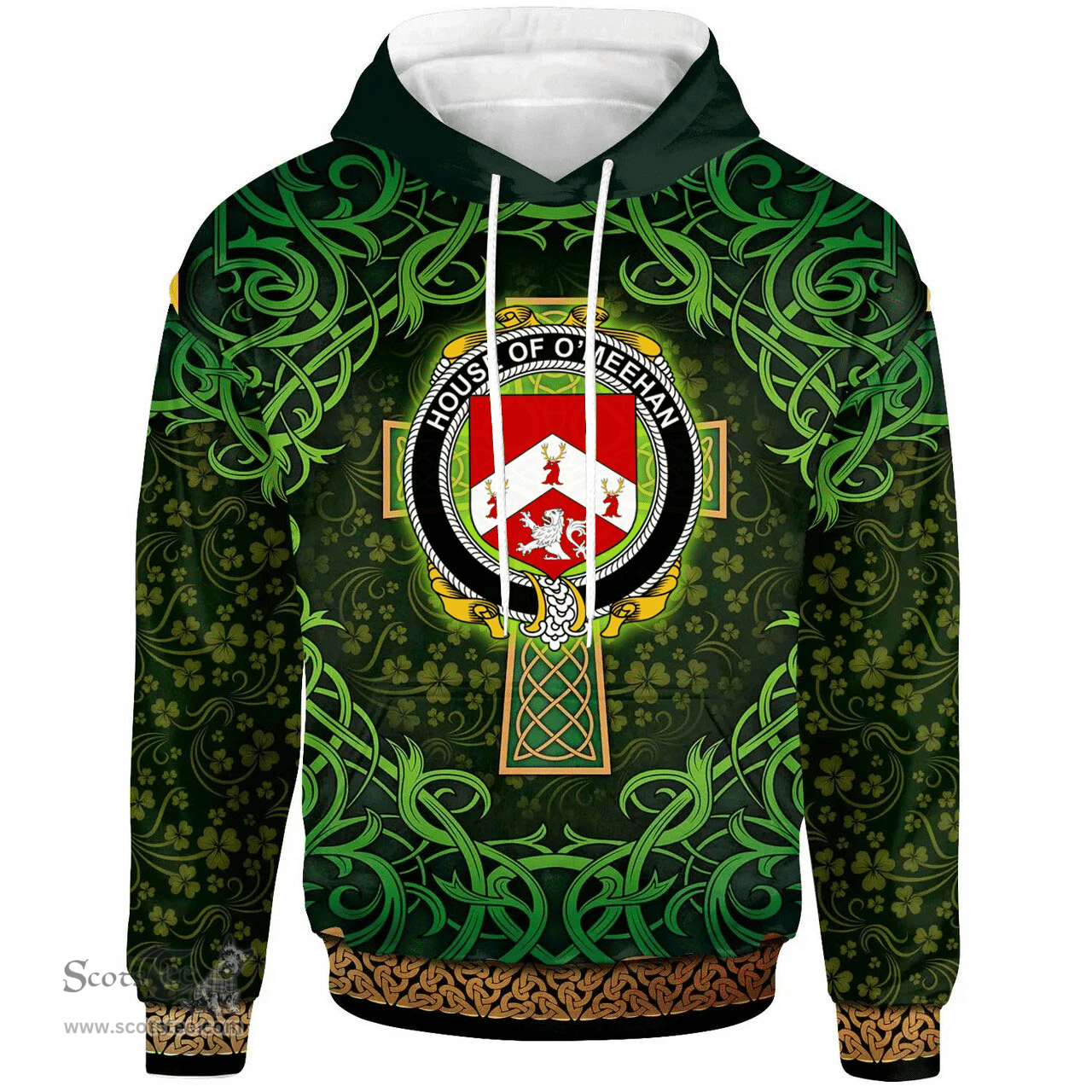 ScotsTee Shop Irish House of O'MEEHAN Coat of Arms Family Crest Ireland Hoodie Celtic Cross Shamrock Patterns