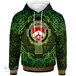 ScotsTee Shop Irish House of O'MEEHAN Coat of Arms Family Crest Ireland Hoodie Celtic Cross Shamrock Patterns
