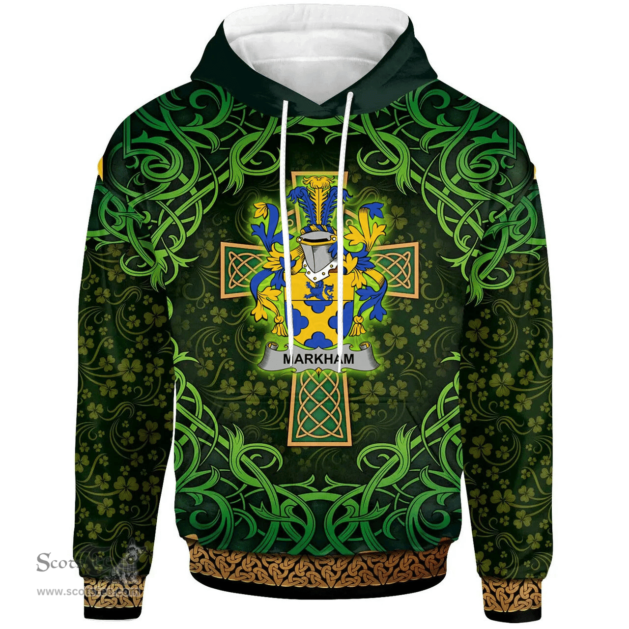 ScotsTee Shop Irish Markham Coat of Arms Family Crest Ireland Hoodie Celtic Cross Shamrock Patterns