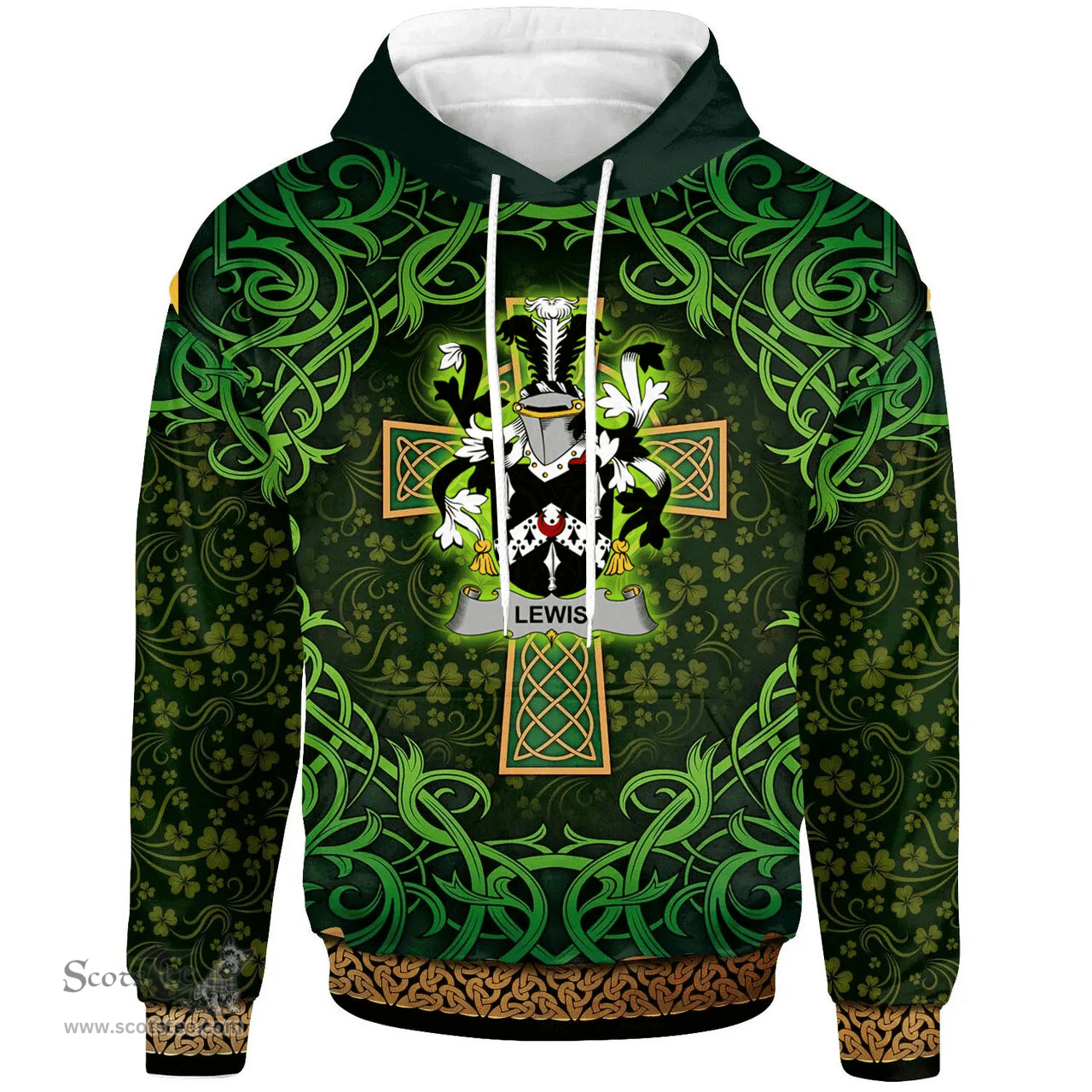 ScotsTee Shop Irish Lewis Coat of Arms Family Crest Ireland Hoodie Celtic Cross Shamrock Patterns
