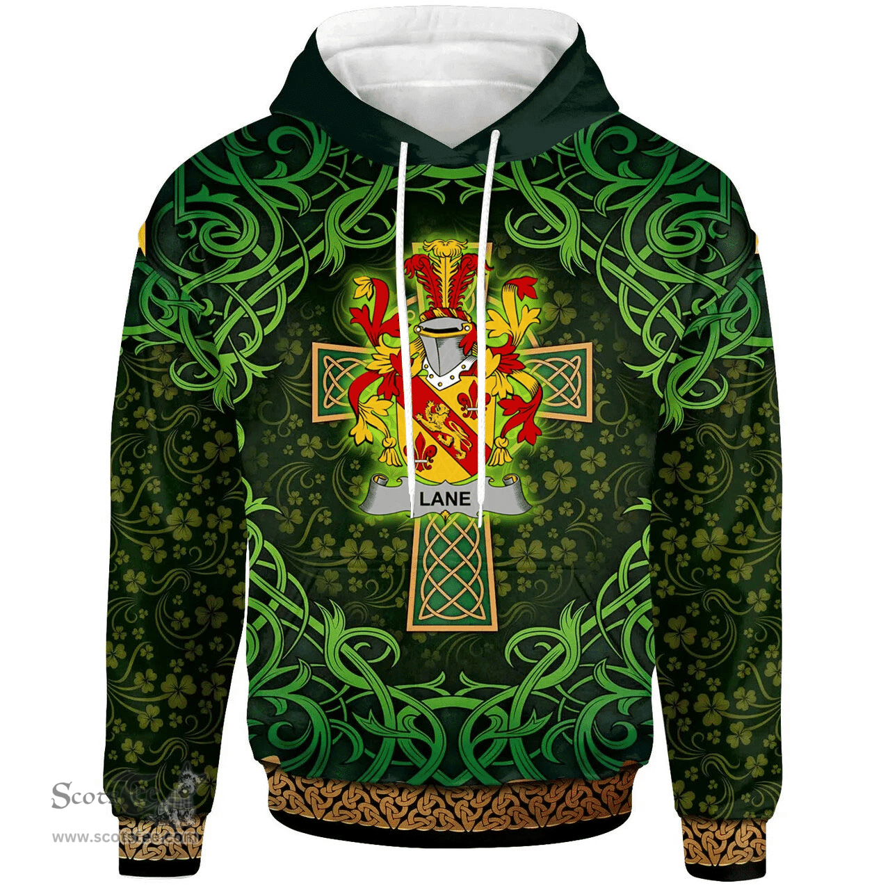 ScotsTee Shop Irish Lane Coat of Arms Family Crest Ireland Hoodie Celtic Cross Shamrock Patterns