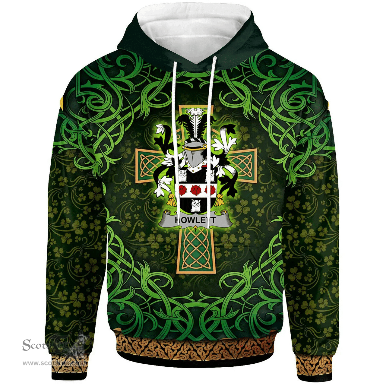 ScotsTee Shop Irish Howlett or Hewlett Coat of Arms Family Crest Ireland Hoodie Celtic Cross Shamrock Patterns
