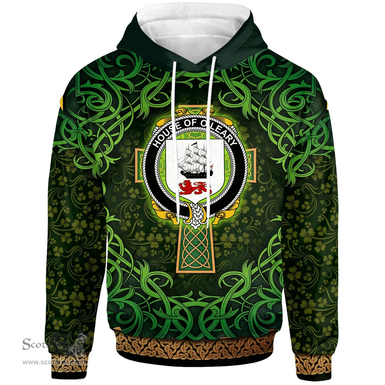 ScotsTee Shop Irish House of O'LEARY Coat of Arms Family Crest Ireland Hoodie Celtic Cross Shamrock Patterns