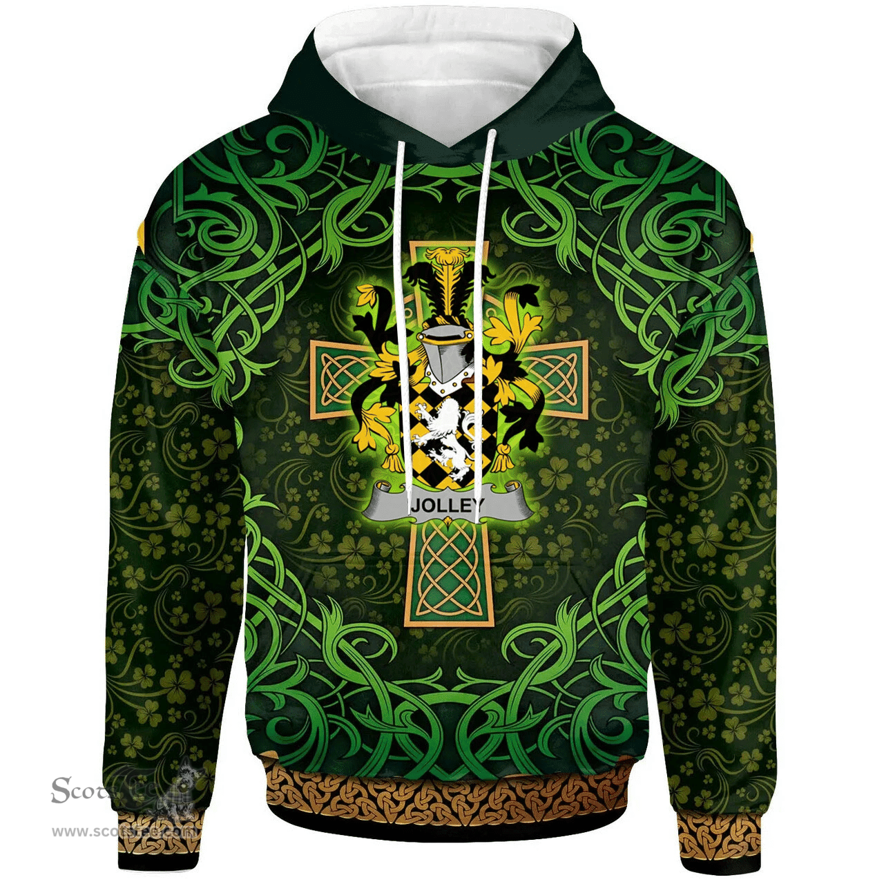 ScotsTee Shop Irish Jolley or Jolly Coat of Arms Family Crest Ireland Hoodie Celtic Cross Shamrock Patterns