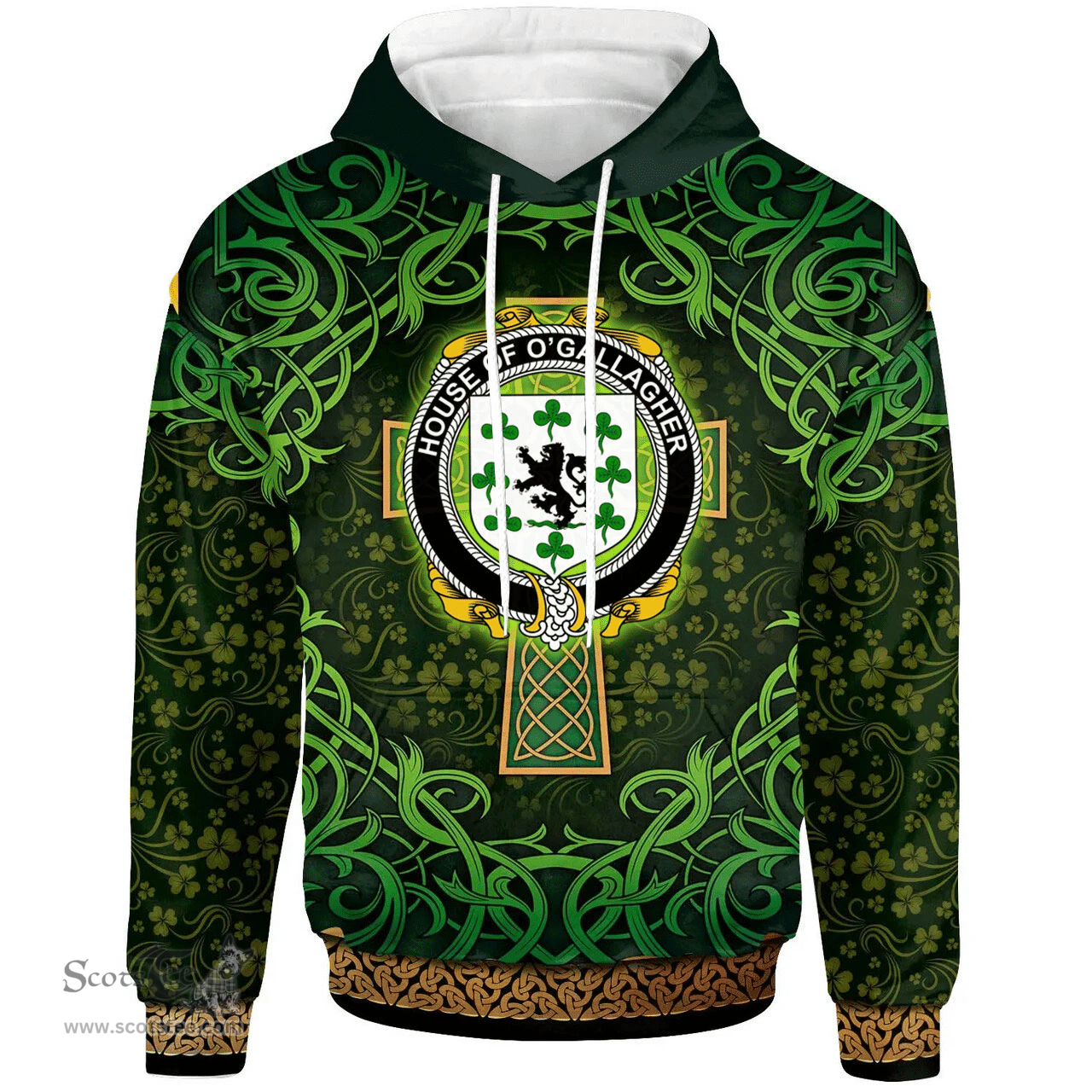ScotsTee Shop Irish House of O'GALLAGHER Coat of Arms Family Crest Ireland Hoodie Celtic Cross Shamrock Patterns