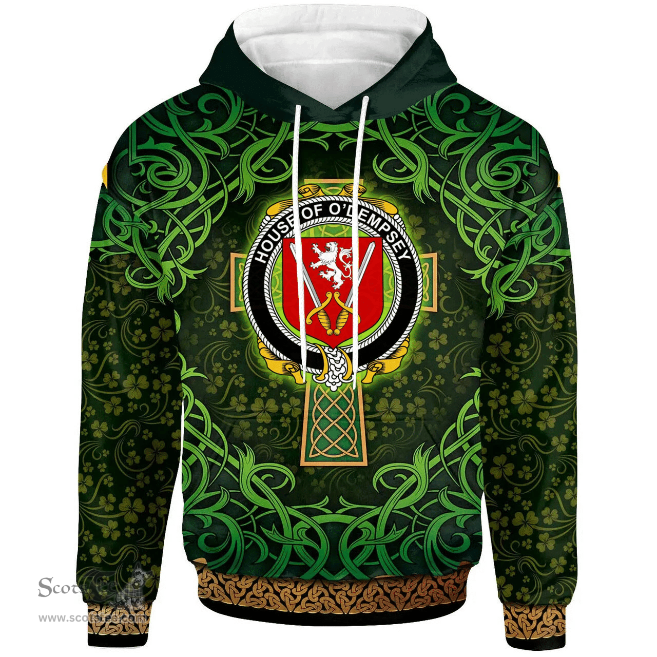 ScotsTee Shop Irish House of O'DEMPSEY Coat of Arms Family Crest Ireland Hoodie Celtic Cross Shamrock Patterns