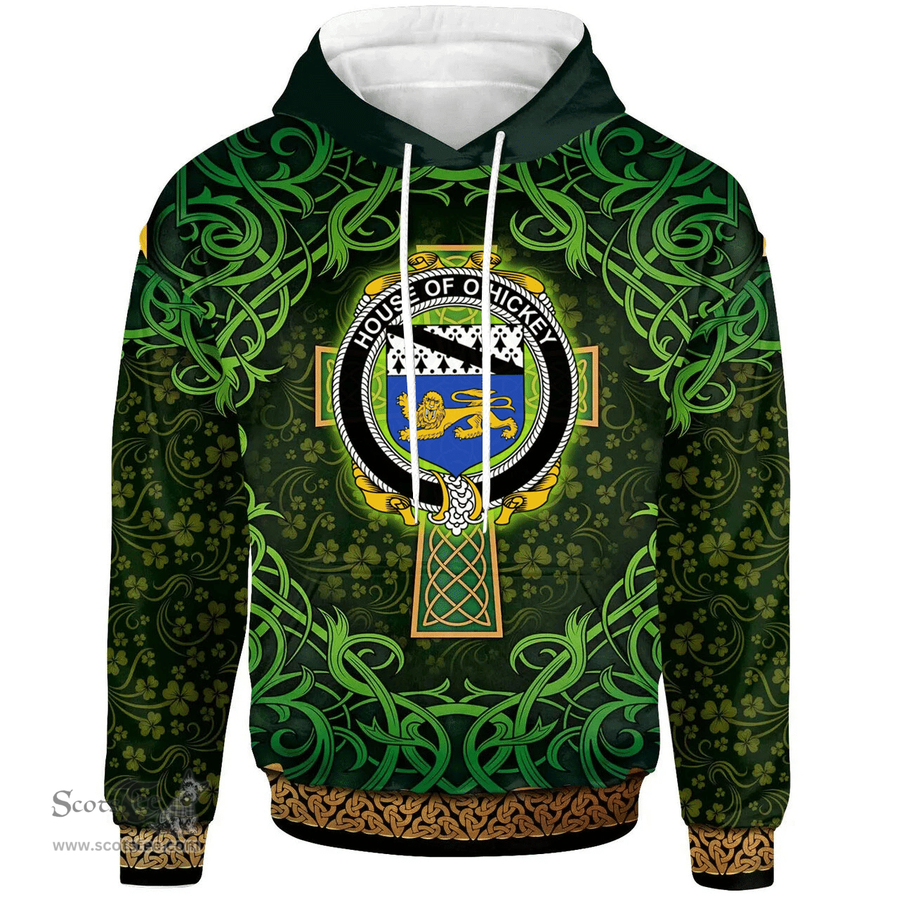 ScotsTee Shop Irish House of O'HICKEY Coat of Arms Family Crest Ireland Hoodie Celtic Cross Shamrock Patterns