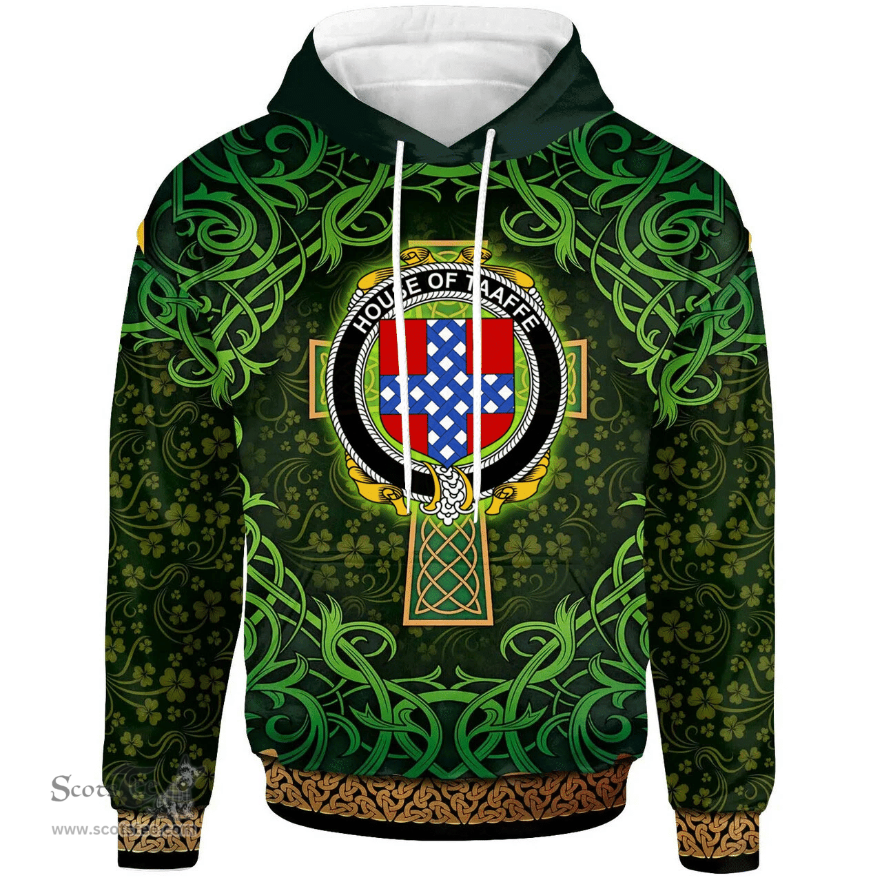 ScotsTee Shop Irish House of TAAFFE Coat of Arms Family Crest Ireland Hoodie Celtic Cross Shamrock Patterns