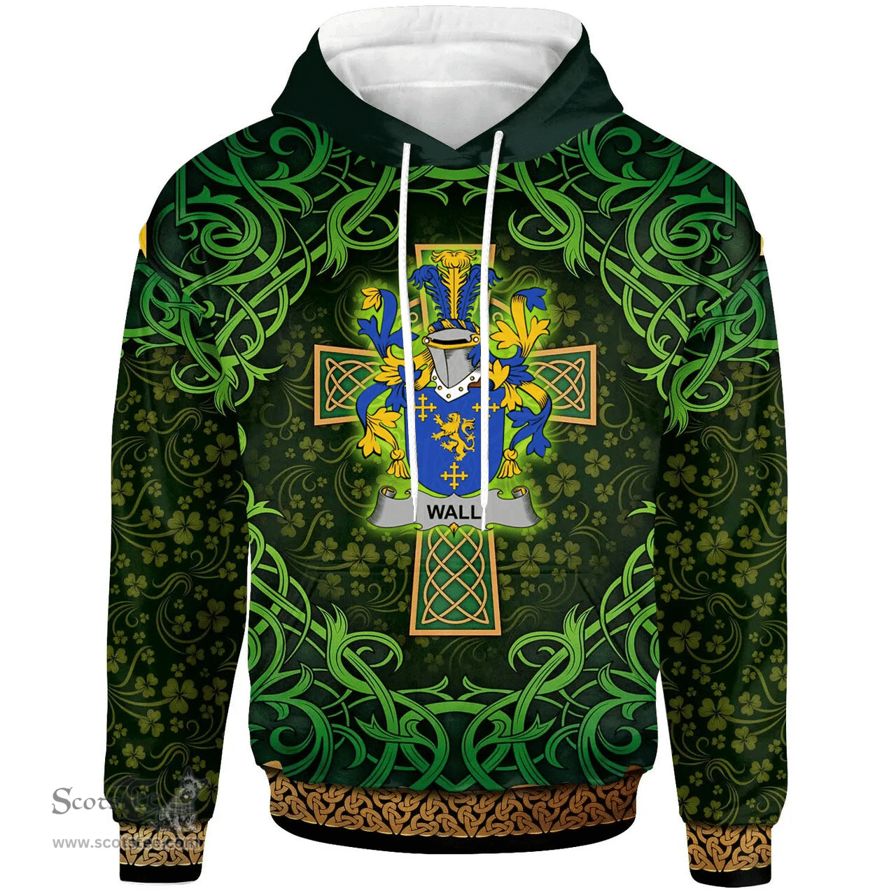 ScotsTee Shop Irish Wall Coat of Arms Family Crest Ireland Hoodie Celtic Cross Shamrock Patterns