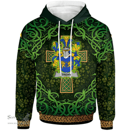 ScotsTee Shop Irish Trehy or O'Trehy Coat of Arms Family Crest Ireland Hoodie Celtic Cross Shamrock Patterns