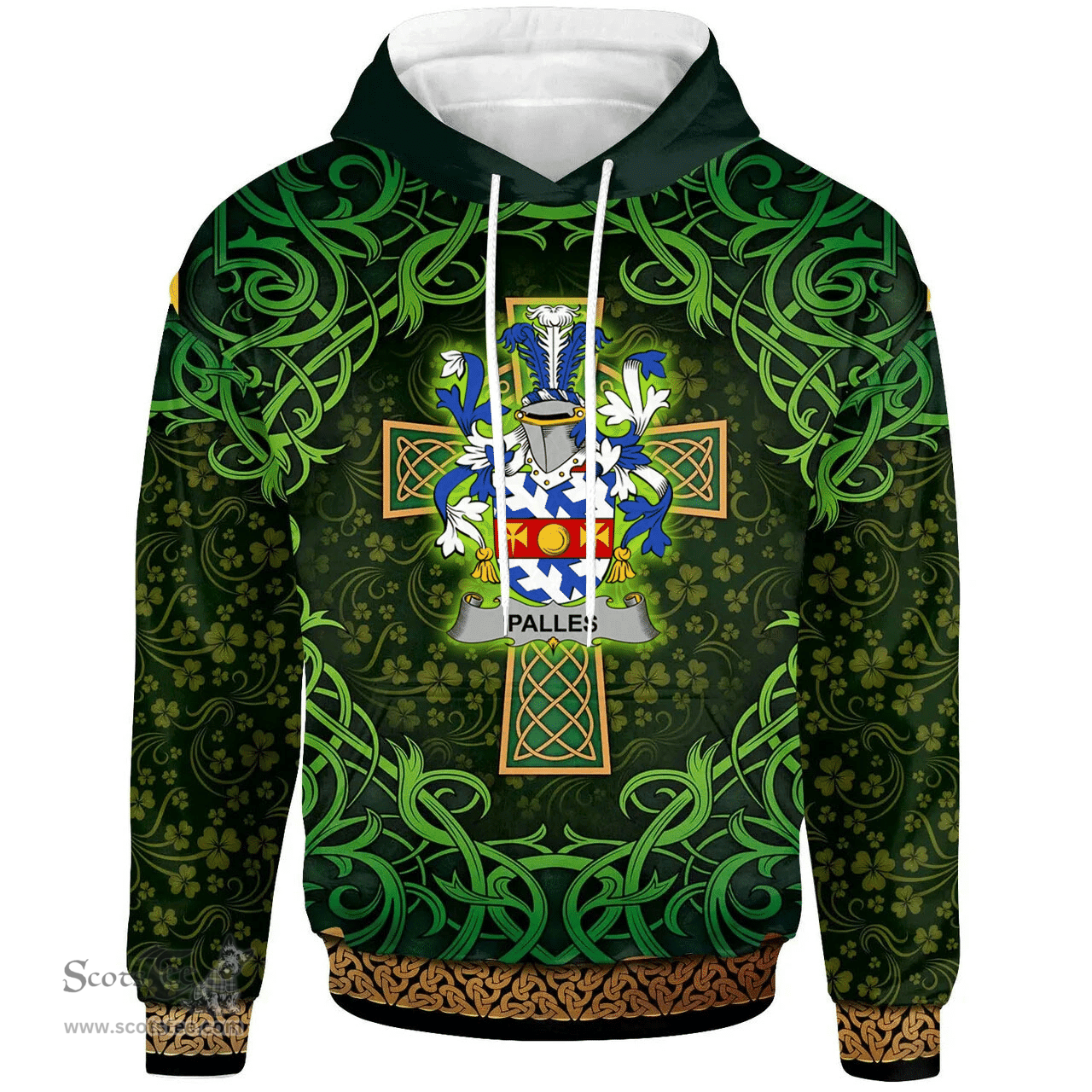 ScotsTee Shop Irish Palles Coat of Arms Family Crest Ireland Hoodie Celtic Cross Shamrock Patterns