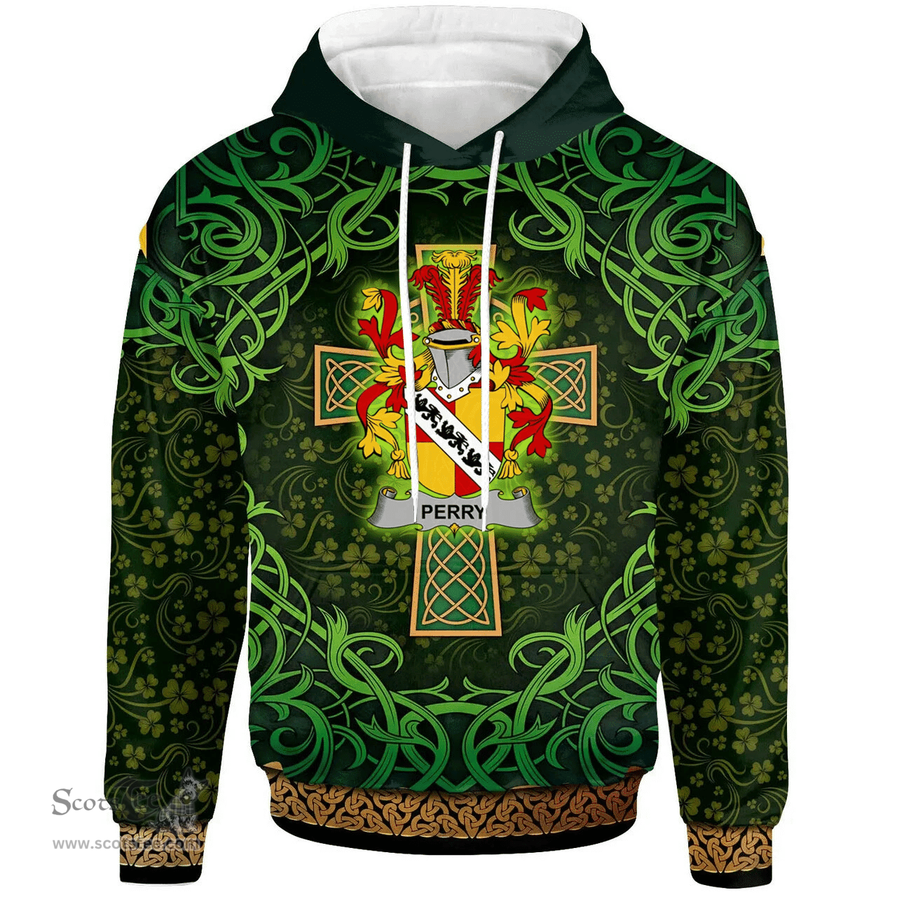 ScotsTee Shop Irish Perry Coat of Arms Family Crest Ireland Hoodie Celtic Cross Shamrock Patterns