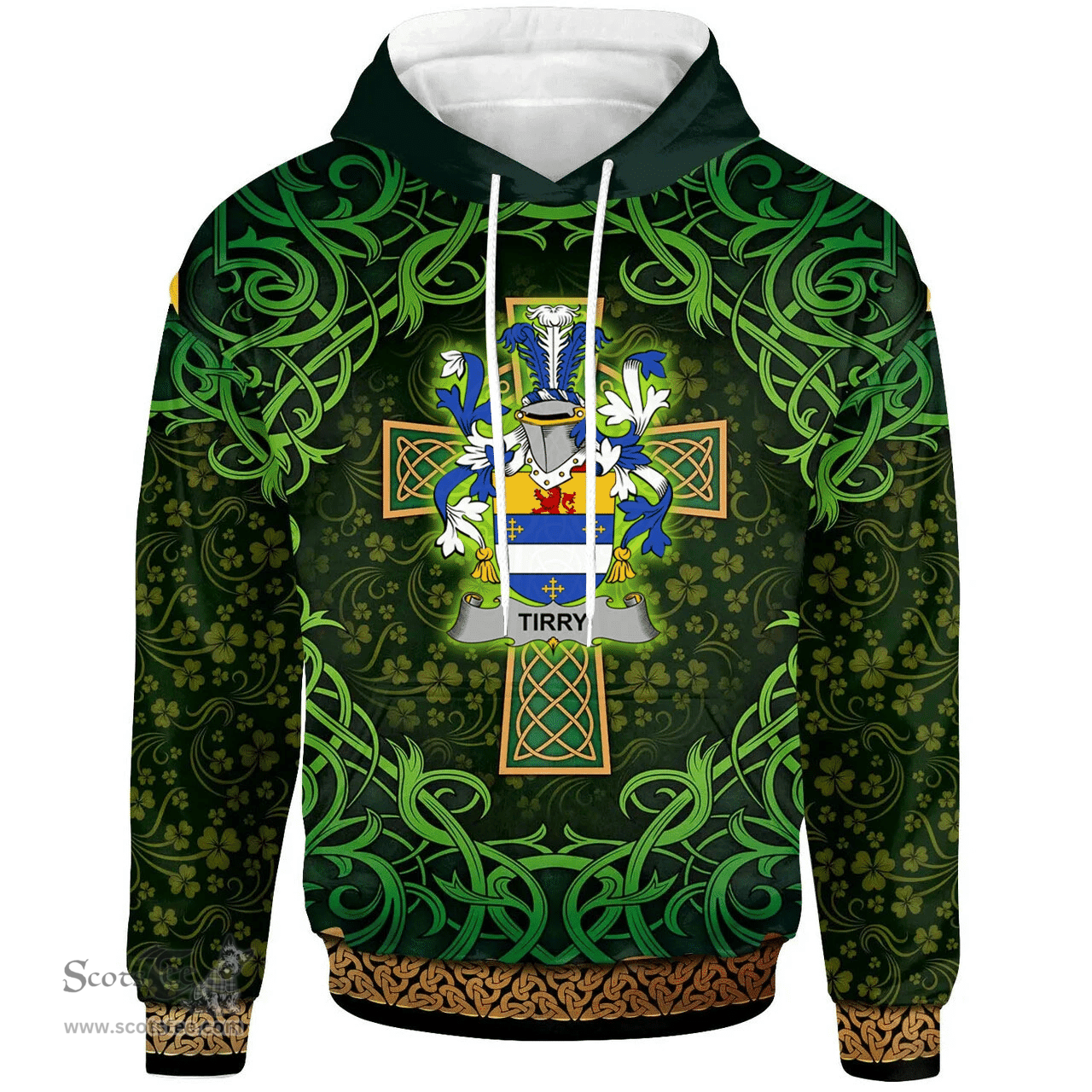 ScotsTee Shop Irish Tirry Coat of Arms Family Crest Ireland Hoodie Celtic Cross Shamrock Patterns