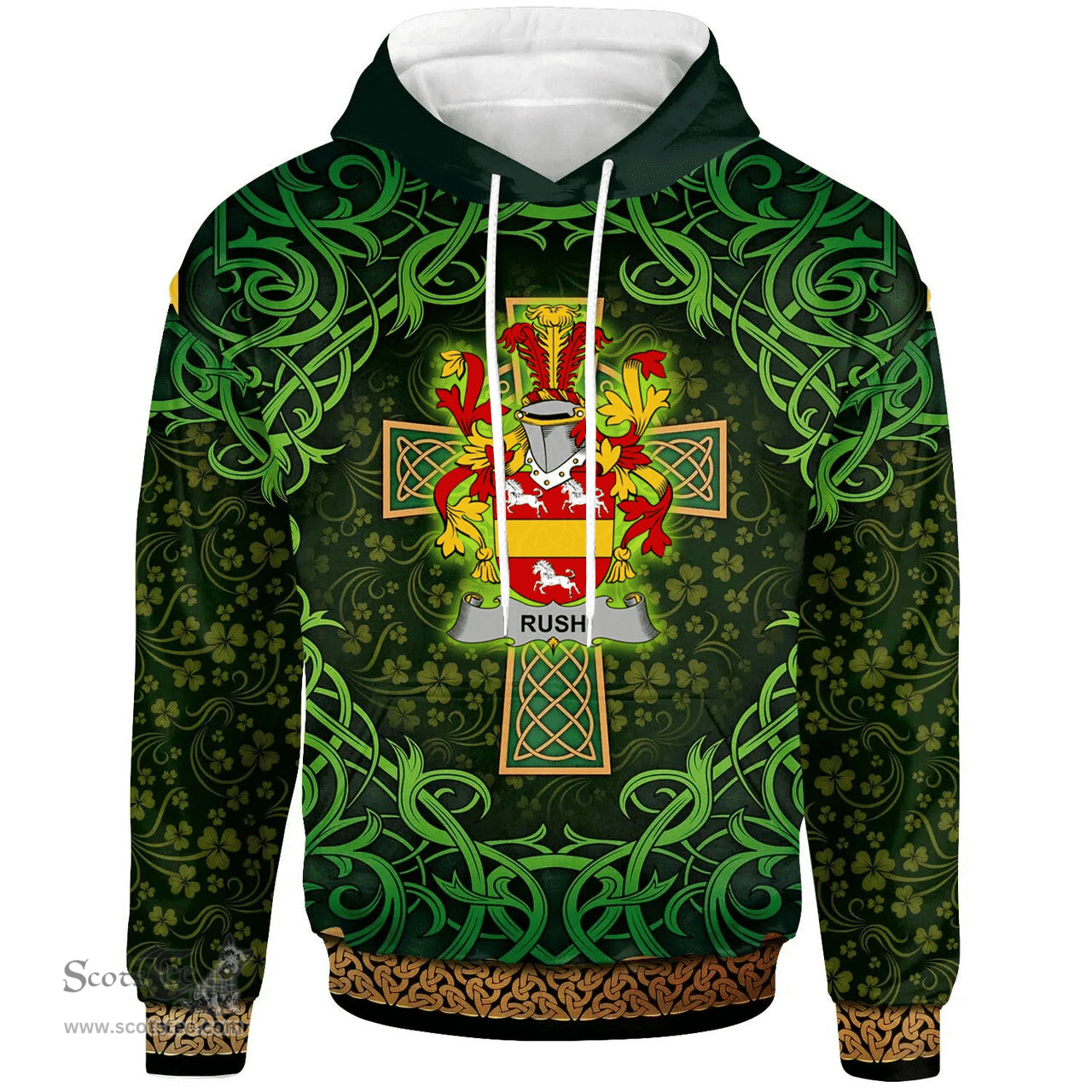 ScotsTee Shop Irish Rush Coat of Arms Family Crest Ireland Hoodie Celtic Cross Shamrock Patterns