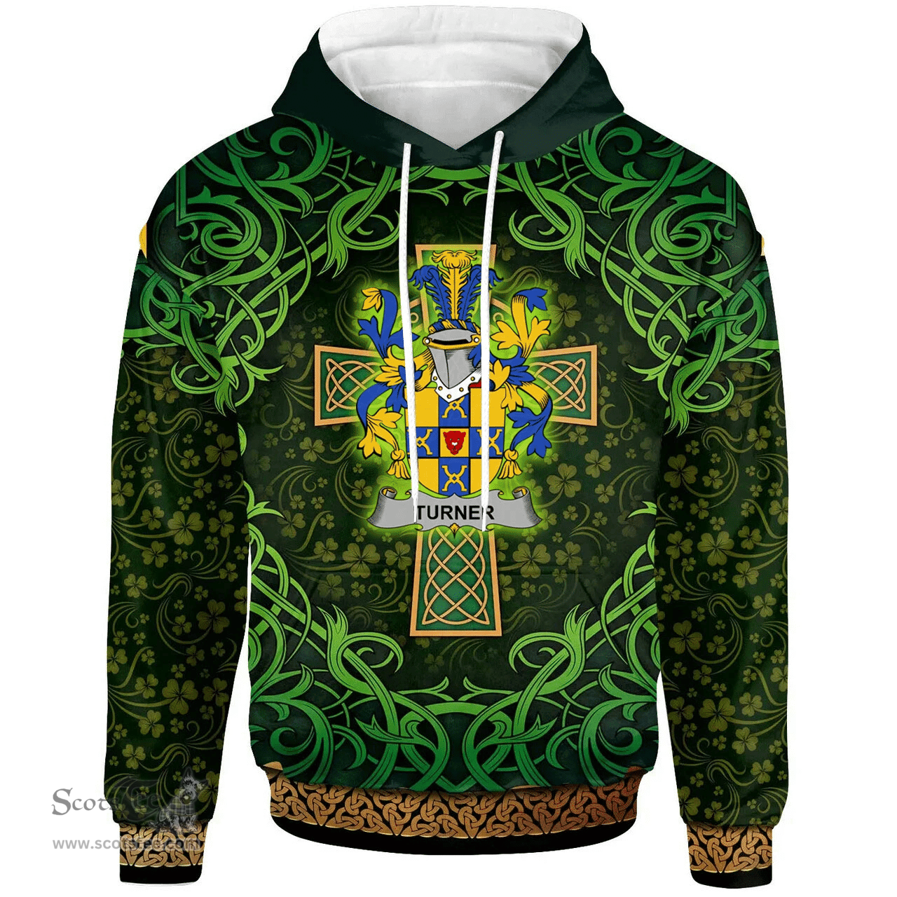 ScotsTee Shop Irish Turner Coat of Arms Family Crest Ireland Hoodie Celtic Cross Shamrock Patterns