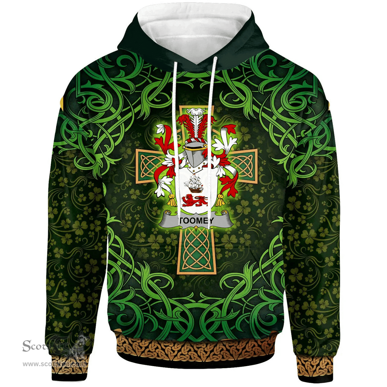 ScotsTee Shop Irish Toomey or O'Twomey Coat of Arms Family Crest Ireland Hoodie Celtic Cross Shamrock Patterns
