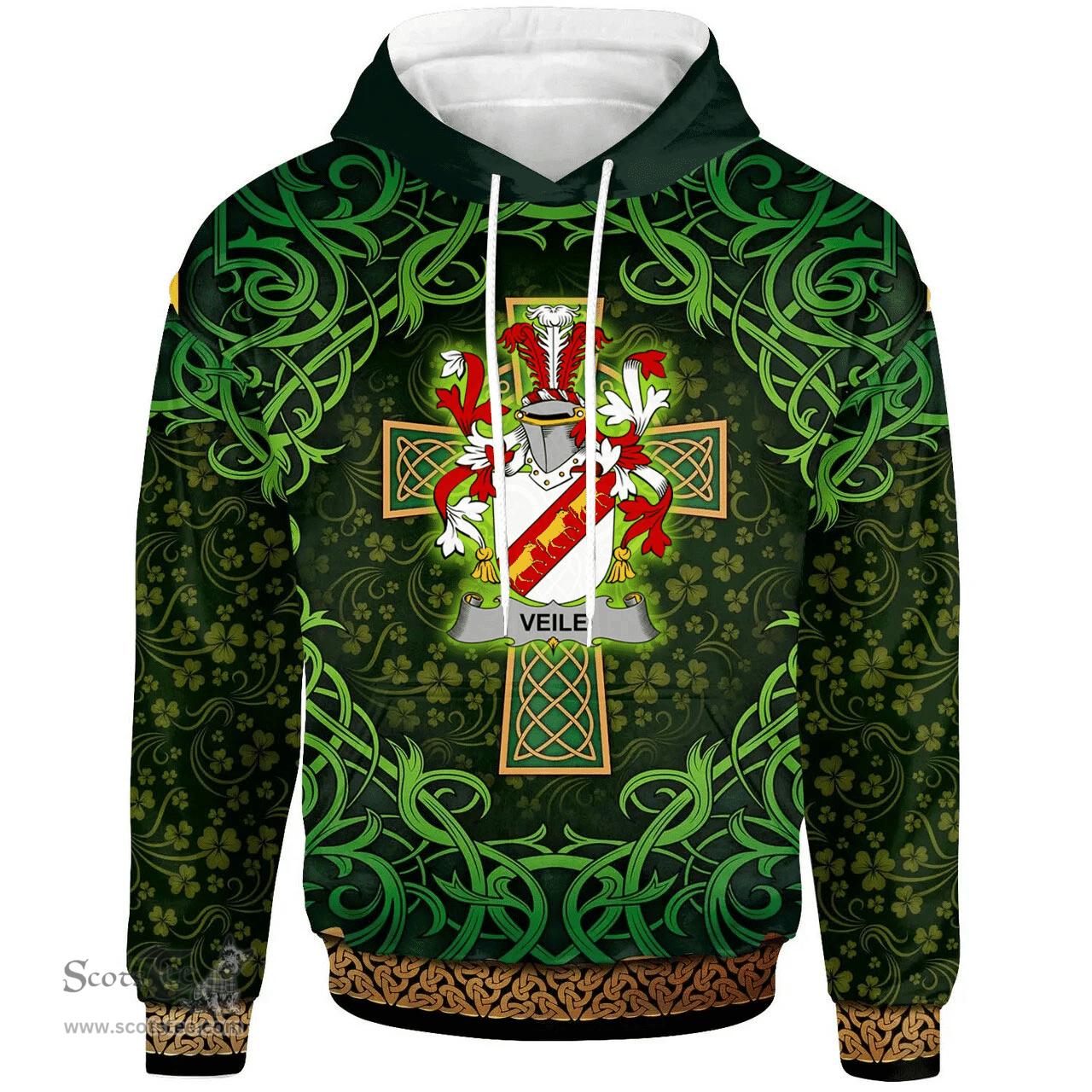 ScotsTee Shop Irish Veile or Veale Coat of Arms Family Crest Ireland Hoodie Celtic Cross Shamrock Patterns