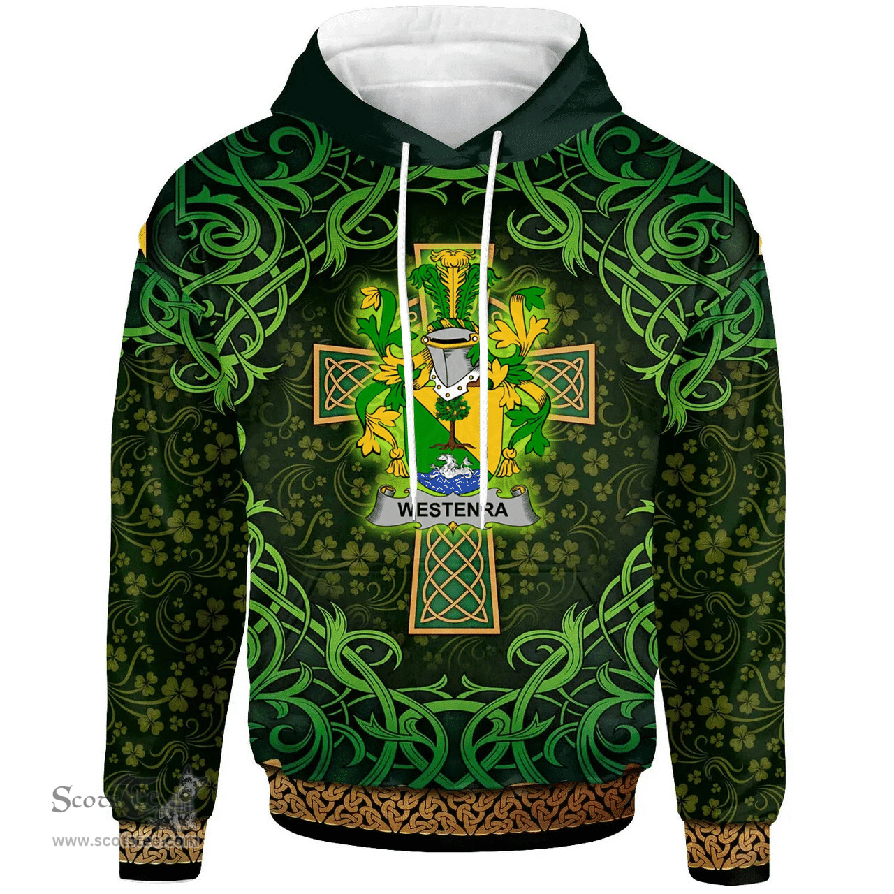 ScotsTee Shop Irish Westenra Coat of Arms Family Crest Ireland Hoodie Celtic Cross Shamrock Patterns